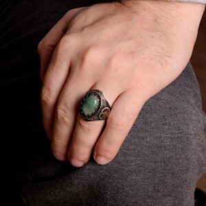 Erkekler için 925 Ayar Gümüş Yüzük - Doğal Taşlı Yüzük - (Yeşil Kan Taşı) - Görsel 6