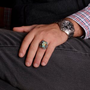 Ateş Mavisi Doğal Arizona Turkuaz Taş Yüzük, 925 Ayar Gümüş Yüzük Erkekler İçin - Görsel 3