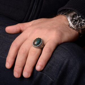 Erkekler için Azurit Taş Yüzük, 925 Ayar Gümüş El Yapımı Bohem Tarzı, Şifa Kristali Takı - Görsel 7