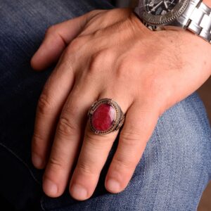 Doğal Yakut Taşlı 925 Ayar Gümüş Erkek Yüzük - El Yapımı Zanaat Takı - Görsel 3