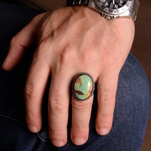 925 Ayar Gümüş Erkek Yüzük, Yeşil Turkuaz Taşı, Doğal Turkuaz Taşlı, El Yapımı Gümüş Yüzük - Görsel 6