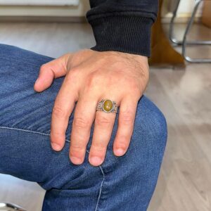 El Yapımı 925 Ayar Gümüş Erkek Yüzük Doğal Etiyopya Opal Taşı - Labirent Tasarımı - Görsel 3