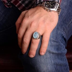 Paraiba Yapay Taş Gümüş Yüzük, 925 Ayar Gümüş Erkek Yüzüğü - Görsel 4