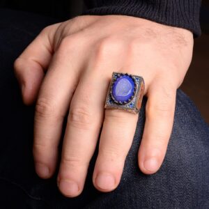 Gerçek Doğal Mavi Druzy Kuvars Taşı Erkek Yüzük, Erkekler İçin Doğum Taşı Yüzüğü, 925 Ayar Gümüş Yüzük - Görsel 6