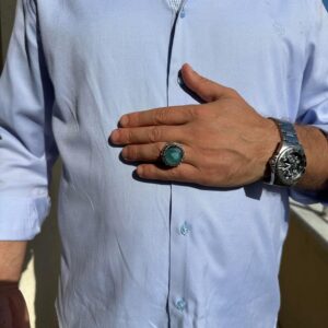 El Yapımı Taşlı Erkek Yüzük - 925 Ayar Gümüş Erkek Yüzük, Farklı ve Özgün Tasarım (Yapay Yeşil Paraiba) - Görsel 3