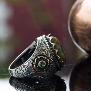 El Yapımı Gümüş Erkek Yüzük, Gerçek Doğal Taş Yüzük (Unakite) - Görsel 3