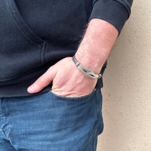 925 Ayar Gümüş Örgü Deri Bilezik - Erkekler İçin El Yapımı Bilezik - Görsel 5