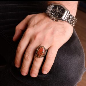 925 Ayar Gümüş Erkek Yüzük - Doğal Kan Taşı Osmanlı Etkili Tasarım - Görsel 6