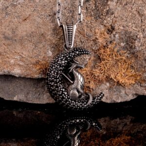 Ejderha Erkek Kolyesi, Gümüş Mitoloji Takısı, 925 Ayar Gümüş Kolye, Gümüş Ay Ejderha Kolye Ucu - Görsel 2