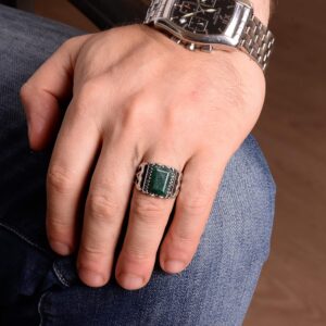 Gerçek Zümrüt Taşlı Yüzük, Sterlin Gümüş Yüzük, Erkekler için Doğum Taşı Yüzüğü - Görsel 6