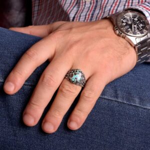 Gerçek Doğal Arizona Turkuaz Taş Yüzük, Erkekler İçin Hediye, 925 Ayar Gümüş Yüzük, Minimalist Yüzük (Stil-7) - Görsel 7