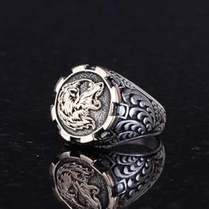 Uluyan Kurt Yüzüğü, Erkekler için Kurt Baş Yüzüğü, Vahşi Kurt, 925 Ayar Gümüş Yüzük - Görsel 4