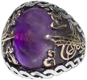 925 Ayar Gümüş Erkek Yüzük - Doğal Ametist Taşı - Osmanlı Tuğrası Tasarımı - Şık El Yapımı Takı - Görsel 1