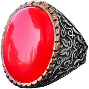 El Yapımı Yüzük, Yapay Mercan Taşı, Sterlin Gümüş Erkek Büyük Yüzük - Tutku ve Koruma Sembolü