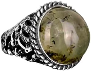 925 Ayar Gümüş Erkek Yüzük, Doğal Prehnit Taşı, Doku Detaylı Bant, Yeşil Prehnit Taşı - Görsel 1