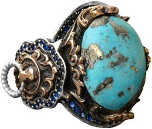 Gerçek Doğal Arizona Turkuaz Taşlı Aslan Yüzüğü - Gümüş Erkek Yüzüğü