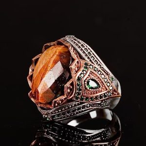 Gerçek Doğal Taş El Yapımı Yüzük - 925 Ayar Gümüş Şık Yüzük (Kaplan Gözü) - Görsel 3