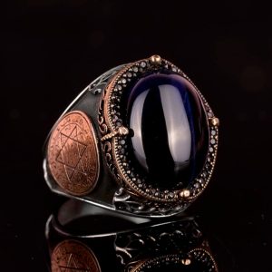 David Yıldızı Yüzüğü, Yapay Taş Yüzük, 925 Ayar Gümüş Süleyman Yüzüğü (Koyu Mavi Kedi Gözü Yapay Taş) - Görsel 3