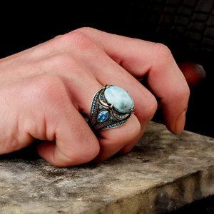 Gerçek Larimar Taşlı Yüzük, 925 Ayar Gümüş Yüzük, Larimar Erkek Yüzüğü, Mavi - Görsel 7
