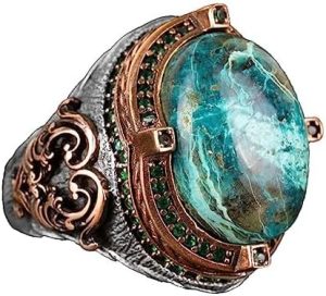 Gerçek Doğal Krysokolla Taş Yüzük, 925 Ayar Gümüş Erkek Yüzük, Şık Yüzük