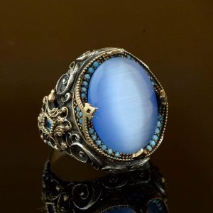 El Yapımı Yapay Taş Yüzük - 925 Ayar Gümüş Erkek Takısı (Mavi Kedi Göz) - Görsel 6