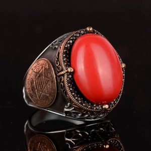 David Yıldızı Yüzük, Yapay Taş Yüzük, 925 Ayar Gümüş Süleyman Yüzüğü (Kırmızı Mercan Yapay) - Görsel 5