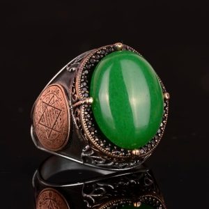 Gümüş Süleyman Mührü Yüzüğü, Yeşil Taş Yüzük - Huzurlu 925K Katı Gümüş Erkek Yüzüğü - Uyum ve Refah Tasarımı - Görsel 4