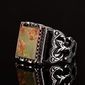 Dikdörtgen Gümüş Yüzük, 925 Doğal Arizona Turkuaz Taşı Yüzük (Style-4) - Görsel 4