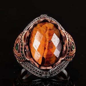 Gerçek Doğal Taş El Yapımı Yüzük - 925 Ayar Gümüş Şık Yüzük (Kaplan Gözü) - Görsel 4