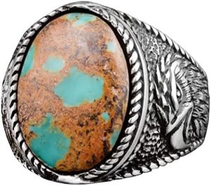 Gerçek Doğal Taş Erkek Yüzük, Kartal Yüzük, 925 Ayar Gümüş Yüzük (Turkuaz)