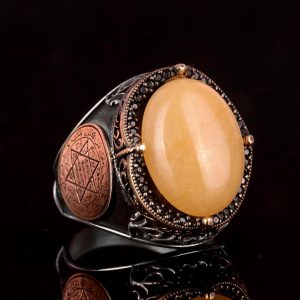 David Yıldızı Yüzüğü, Doğal Sarı Akik Taş Yüzüğü - Gümüş Erkek Yüzüğü, 925 Ayar Gümüş Yüzük Tasarımı - Görsel 5