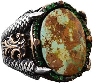 Gümüş Kartal Pençesi Turkuaz Yüzük Erkekler için, 925 Ayar Gümüş Erkek Yüzük, Büyük Yüzük - Görsel 1