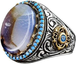 Gerçek Doğal Yemen Akik Taşı Yüzük, El Yapımı Tughra Tasarımı, 925 Ayar Gümüş Erkek Yüzük - Görsel 1