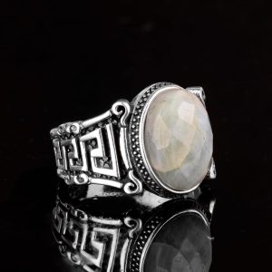 Vintage Akuamarin Taş Yüzük, 925 Ayar Gümüş Yüzük, Yunan Anahtarı Tasarımı, Şifa Kristali Takı - Görsel 4