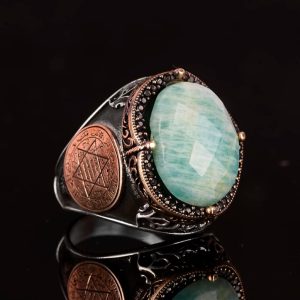 Doğal Amazonit Taşlı Yüzük, Süleyman'ın Mührü Yüzüğü - 925 Ayar Gümüş Yüzük Erkekler İçin - Görsel 4