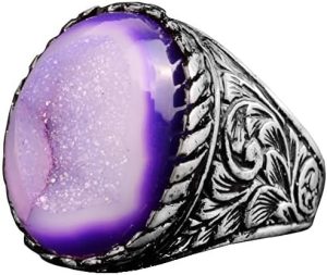 Gerçek Doğal Druzy Kristal Kuvars Taş Yüzük, Erkekler İçin Doğum Taşı Yüzüğü, Gümüş Yüzük - Görsel 1