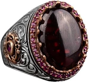 925 Ayar Gümüş Erkek Yüzük Doğal Granat Taşı - El Yapımı İfadesel Yüzük - Görsel 1