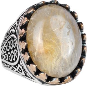 925 Ayar Katı Gümüş Erkek Yüzük - Doğal Taşlarla El Yapımı Zarafet (Altın Rutilatlı Kuvars Taşı) - Görsel 1