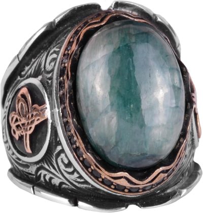 Osmanlı Tuğra Gümüş Yüzük, Doğal Cabochon Zümrüt Taşlı Yüzük, 925K Sert Gümüş Erkek Yüzüğü - Görsel 1