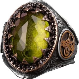 Osmanlı İmparatorluğu Yüzüğü, 925 Ayar Gümüş Yüzük, Yapay Peridot Taşlı Yüzük - Görsel 1