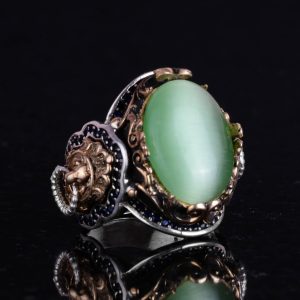 925 Ayar Gümüş Erkek Yüzük - Açık Yeşil Kedi Gözünden Üretilmiş Taş - Aslan Sembolü El Yapımı Yüzük - Görsel 5