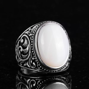 Doğal İnci Taşlı Yüzük - 925 Ayar Gümüş Yüzük Erkekler İçin, Farklı Yüzük - Görsel 6