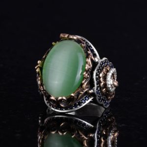 925 Ayar Gümüş Erkek Yüzük - Açık Yeşil Kedi Gözünden Üretilmiş Taş - Aslan Sembolü El Yapımı Yüzük - Görsel 6