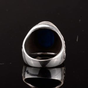 925 Ayar Katı Gümüş Mavi Kedi Gözü Taşı Erkek Yüzük - El Yapımı Stacking Yüzük - Görsel 5