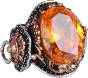 Turuncu Sitrin Taşlı Yüzük, 925 Ayar Gümüş Yüzük, Aslan Sembolü Yüzük, Hayvan Temalı Gümüş Yüzük Tasarımı Erkek Yüzüğü - Görsel 1