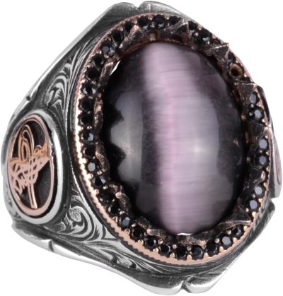 925 Ayar Katı Gümüş Erkek Yüzük - Doğal Taşlarla El Yapımı Şıklık (Mor Kedi Gözü Taşı)