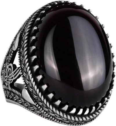 El Yapımı Doğal Taş Yüzük, 925 Ayar Gümüş Erkek Yüzük ile Osmanlı Mührü - Görkemli ve Şahane Tasarım (Obsidyen)