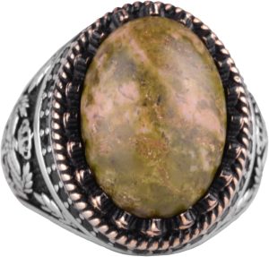 Gerçek Doğal Taş Yüzük - El Yapımı Kartal Yüzüğü - 925 Ayar Gümüş Yüzük (Unakite)
