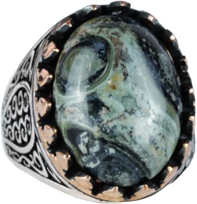 925K Katı Gümüş Erkek Yüzük, Doğal Taşlarla - El Yapımı Şıklık (Yeşil Göz Taşı)