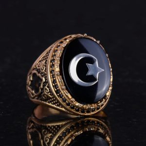 925 Ayar Gümüş Altın Kaplama Erkek Yüzük - Hilal ve Yıldız Tasarımı (Siyah) - Görsel 4